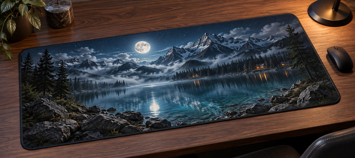 Moon Mountain Landscape Desk Mat with dimensional printed themed artwork; representative AI-generated mockup.