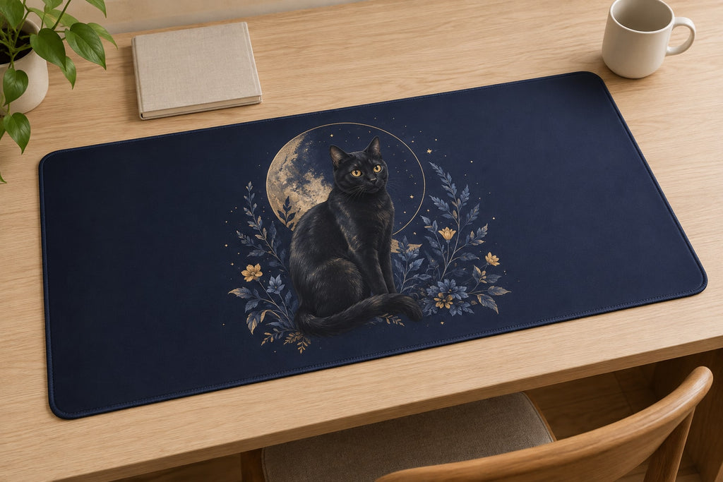Black Cat Companion Desk Mat with dimensional printed themed artwork; representative AI-generated mockup.