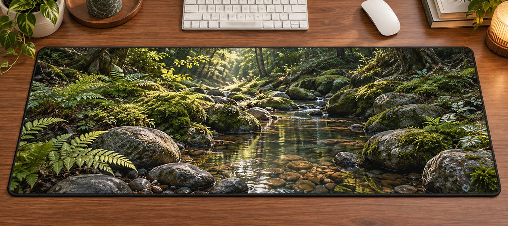 Moss and Stones Desk Mat with dimensional printed themed artwork; representative AI-generated mockup.
