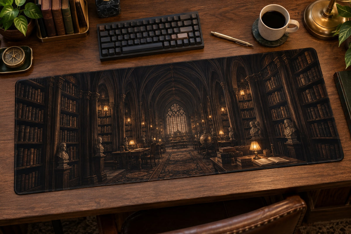 Dark Academia Library Desk Mat with dimensional printed themed artwork; representative AI-generated mockup.