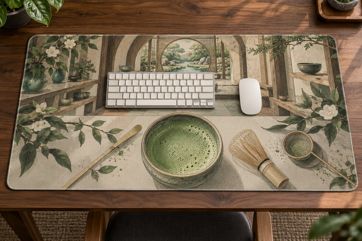 Matcha Ritual Desk Mat with dimensional printed themed artwork; representative AI-generated mockup.