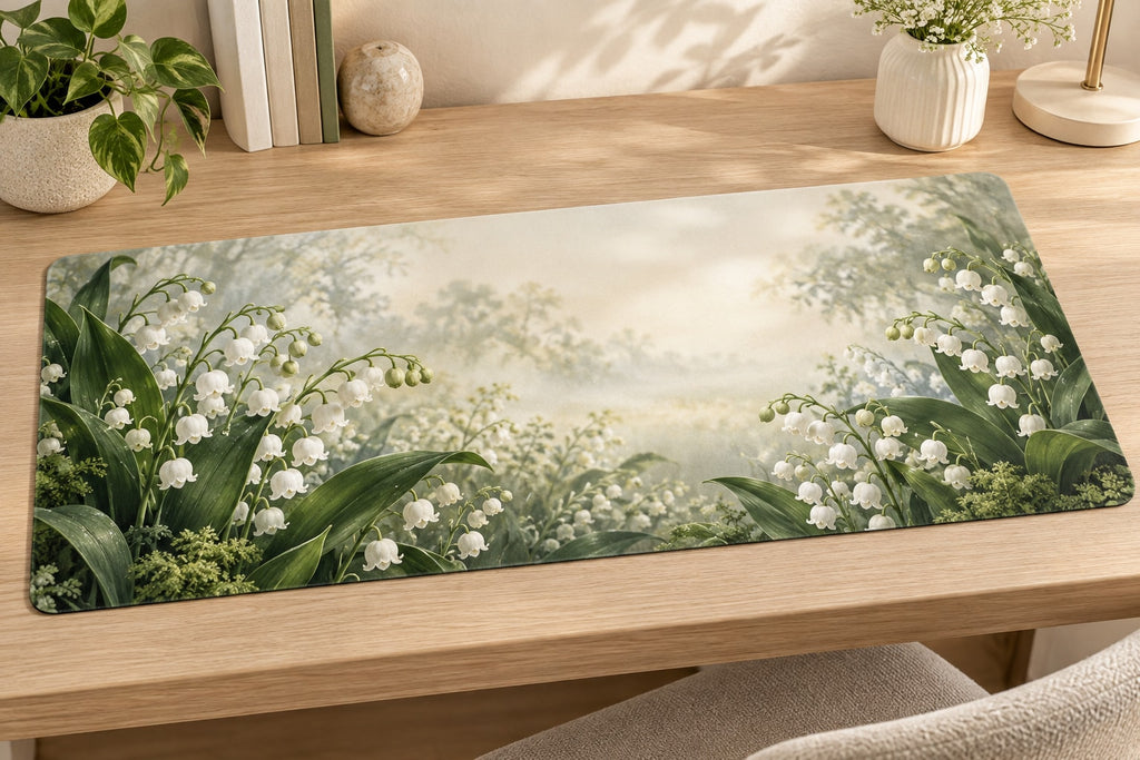 Lily of the Valley Desk Mat with dimensional printed themed artwork; representative AI-generated mockup.