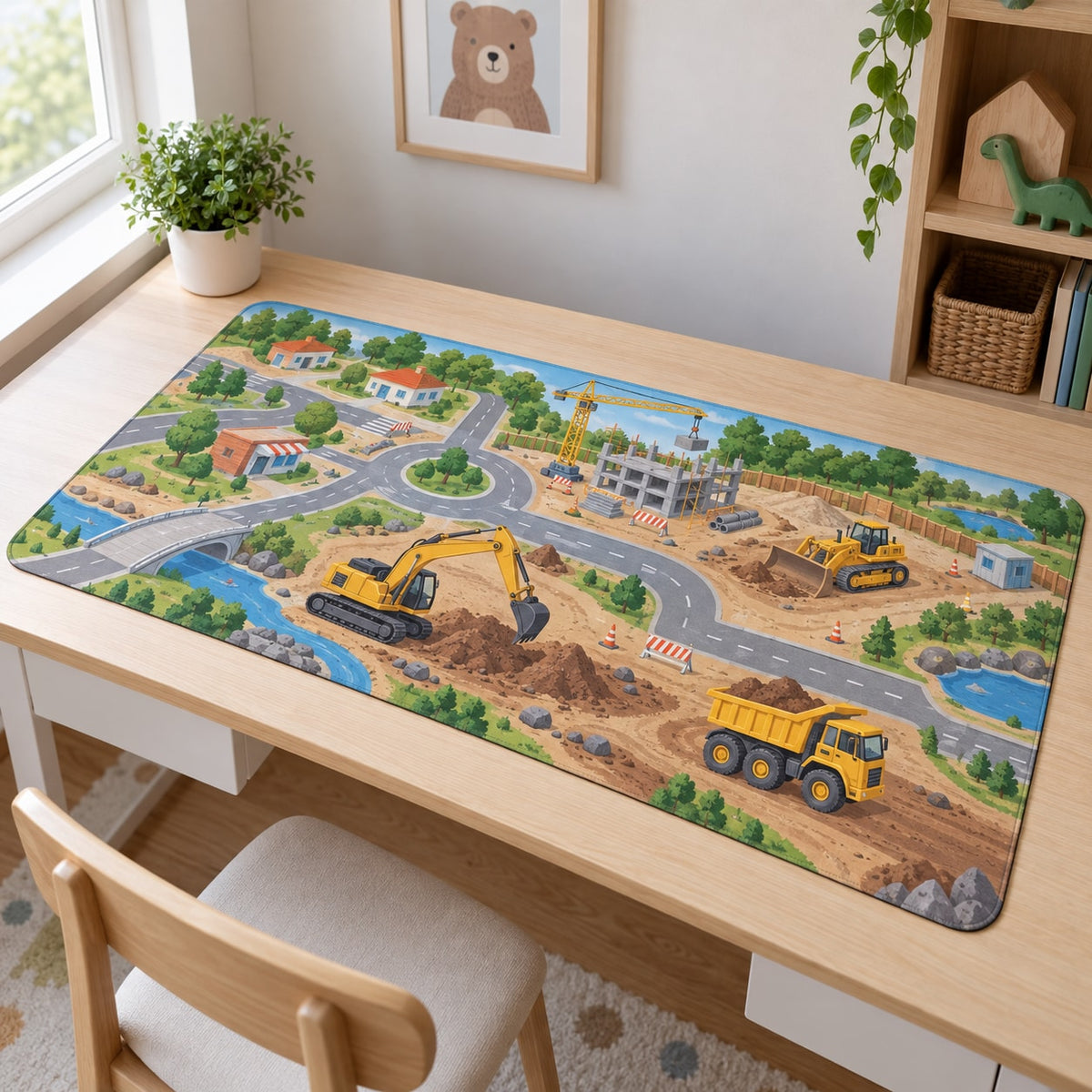 Construction Vehicle Town Desk Mat with dimensional printed themed artwork; representative AI-generated mockup.