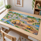 Construction Vehicle Town Desk Mat with dimensional printed themed artwork; representative AI-generated mockup.