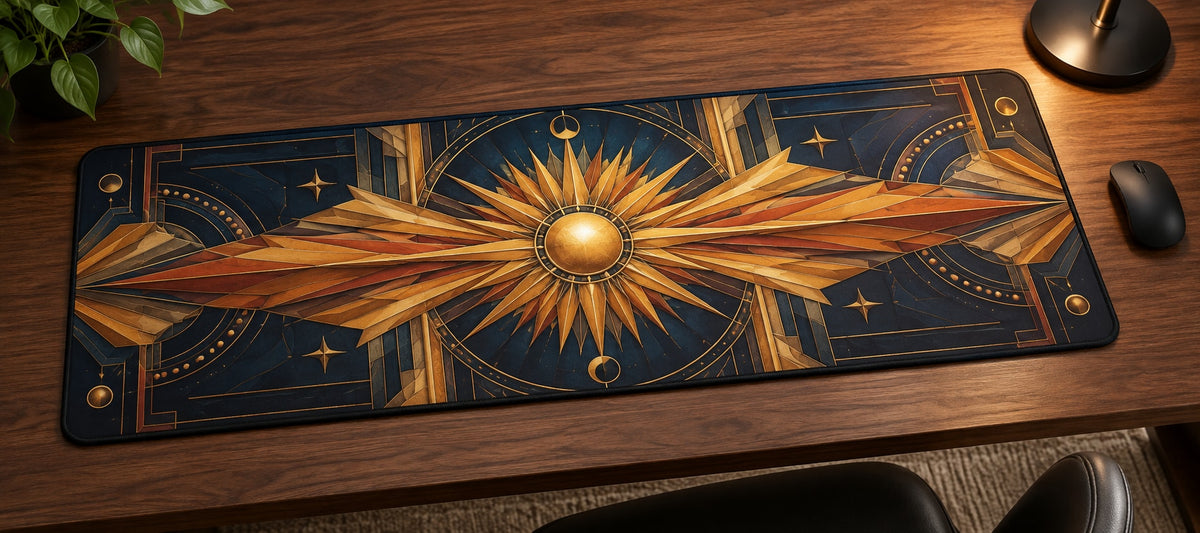 Geometric Sunburst Desk Mat with dimensional printed themed artwork; representative AI-generated mockup.