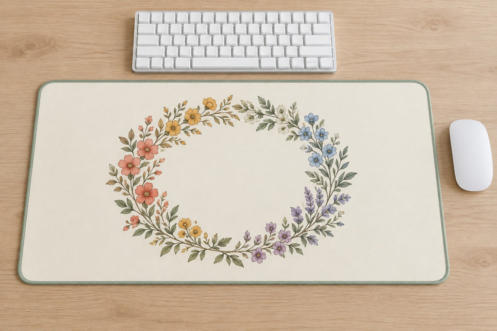 Rainbow Garden Celebration Wreath Desk Mat with dimensional printed themed artwork; representative AI-generated mockup.