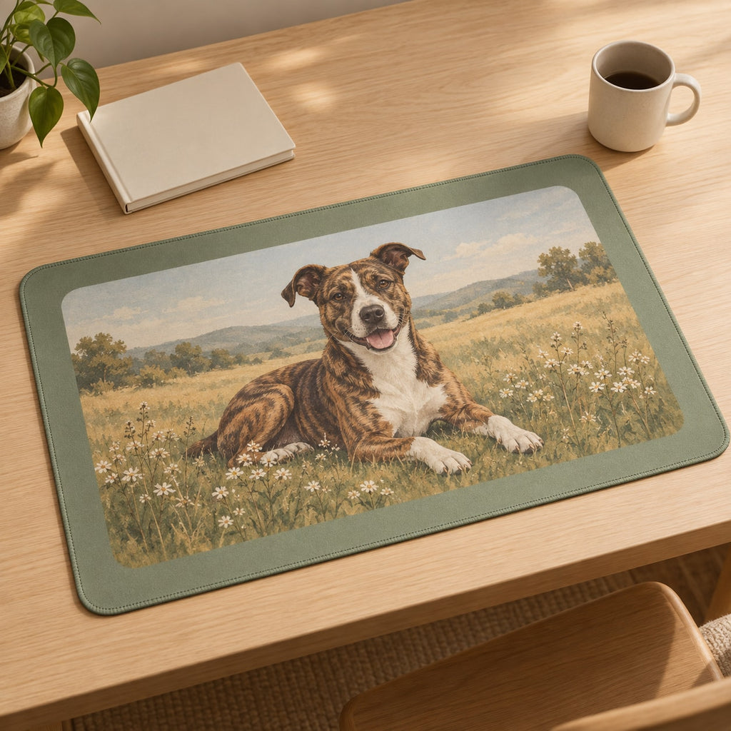 Rescue Mixed Breed Dog Desk Mat with dimensional printed themed artwork; representative AI-generated mockup.