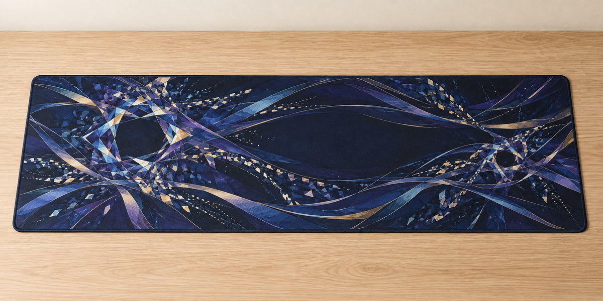 Nocturne Orrery Desk Mat with dimensional printed themed artwork; representative AI-generated mockup.