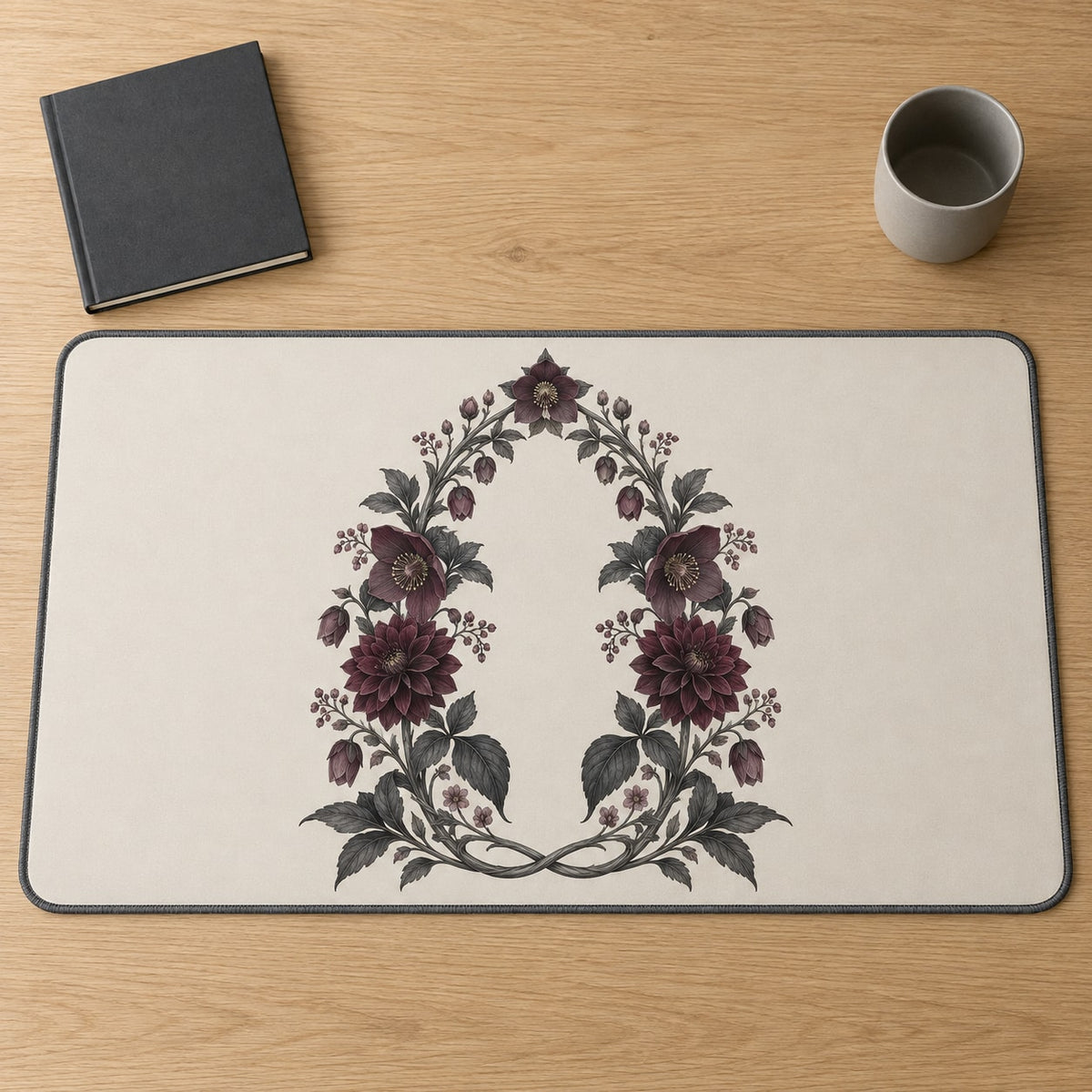 Gothic Botanical Wedding Desk Mat with dimensional printed themed artwork; representative AI-generated mockup.