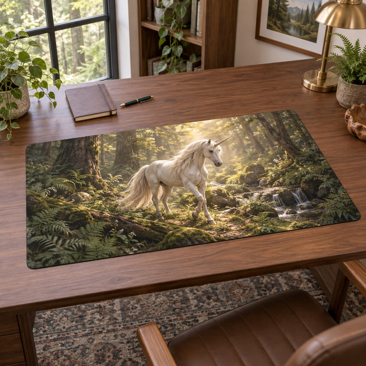 Unicorn Woodland Desk Mat with dimensional printed themed artwork; representative AI-generated mockup.