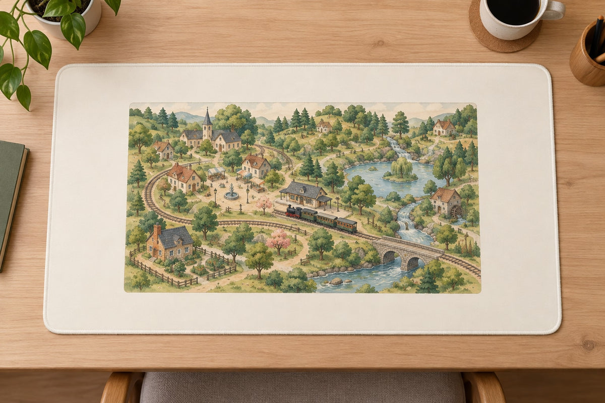 Storybook Train Village Map Desk Mat with dimensional printed themed artwork; representative AI-generated mockup.
