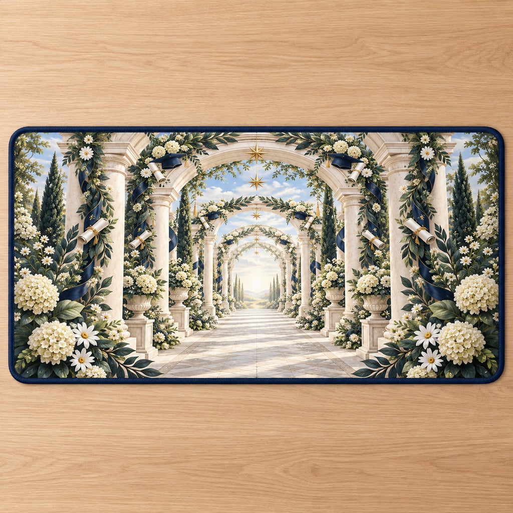 Graduation Laurel Colonnade Desk Mat with dimensional printed themed artwork; representative AI-generated mockup.