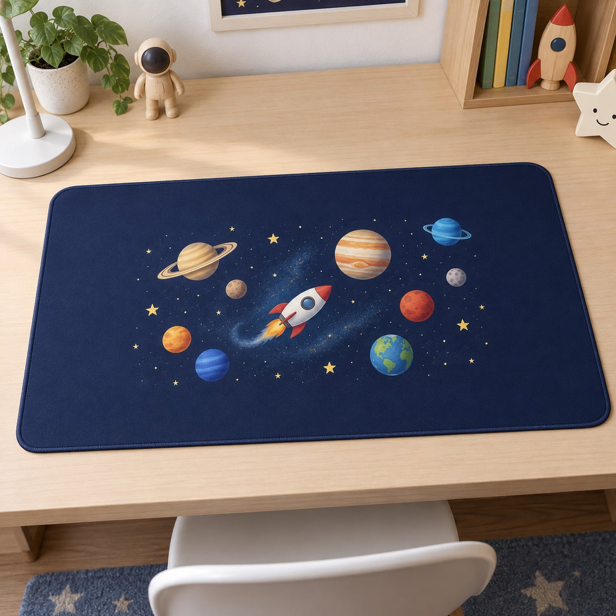 Space Explorer Planets Desk Mat with dimensional printed themed artwork; representative AI-generated mockup.