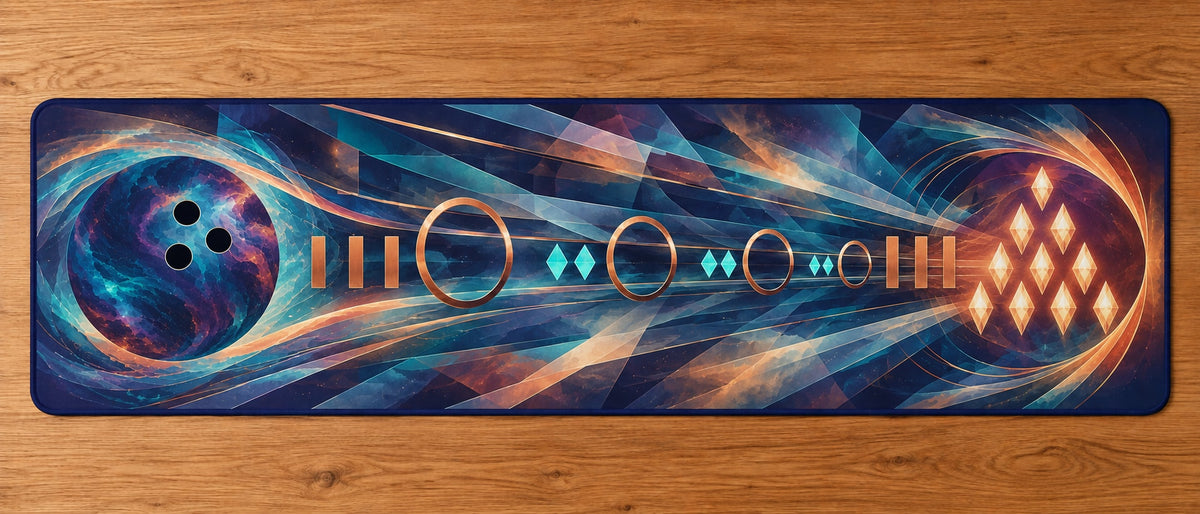 Tenpin Aurora Lattice Desk Mat with dimensional printed themed artwork; representative AI-generated mockup.