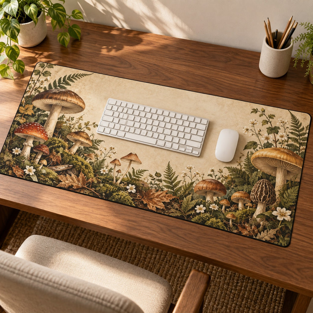 Mushroom Field Journal Desk Mat with dimensional printed themed artwork; representative AI-generated mockup.