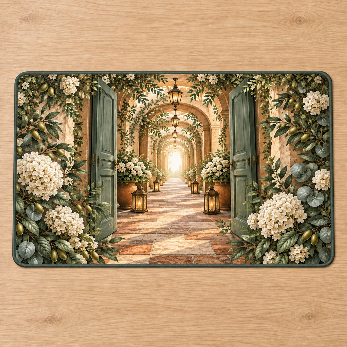 Housewarming Lantern Portal Desk Mat with dimensional printed themed artwork; representative AI-generated mockup.