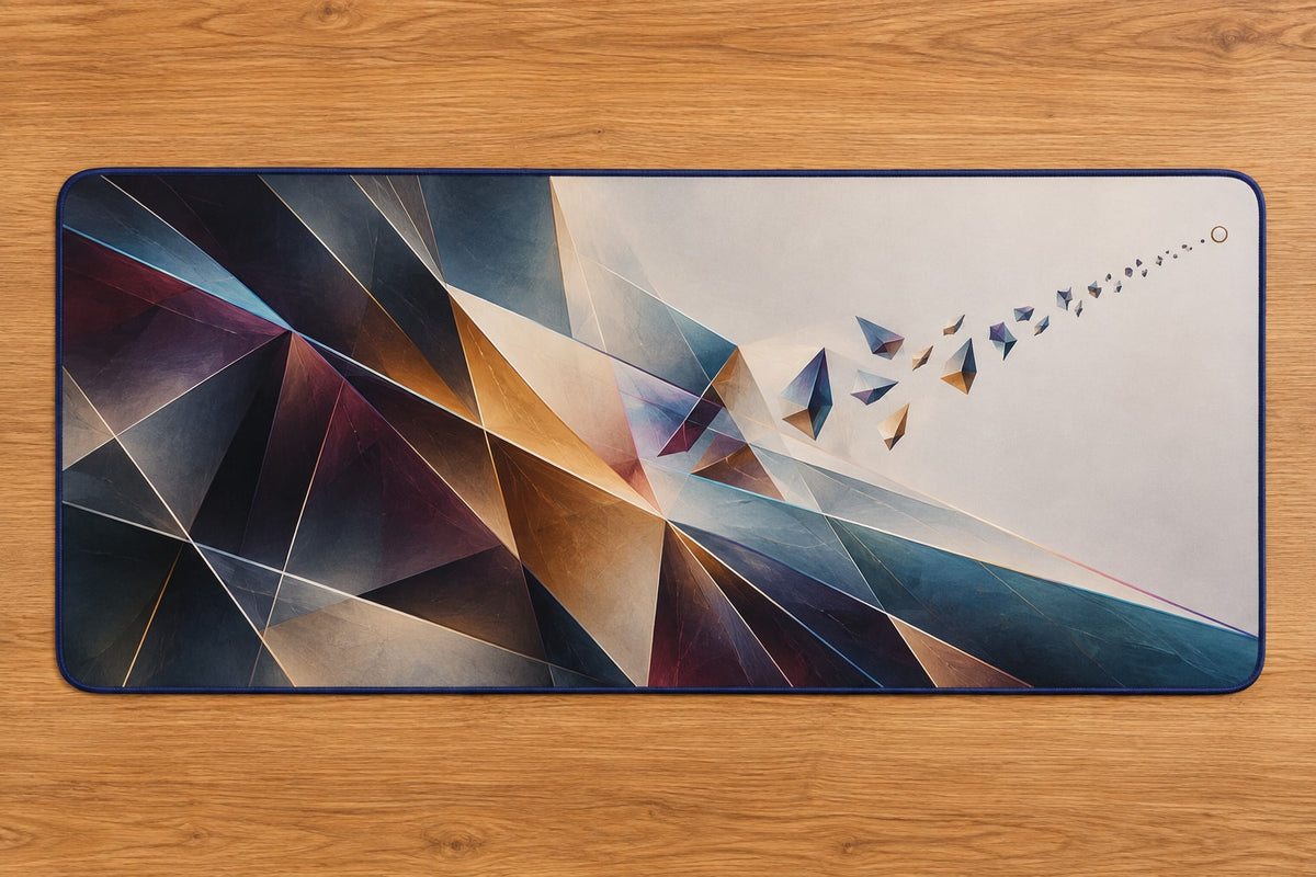 Lumen Parallax Field Desk Mat with dimensional printed themed artwork; representative AI-generated mockup.