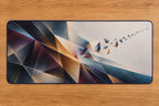 Lumen Parallax Field Desk Mat with dimensional printed themed artwork; representative AI-generated mockup.