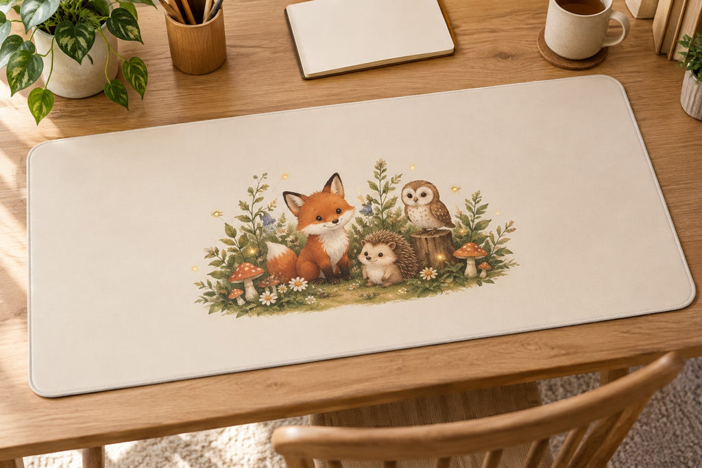 Original Storybook Animals Desk Mat with dimensional printed themed artwork; representative AI-generated mockup.