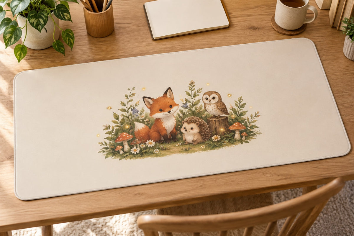 Original Storybook Animals Desk Mat with dimensional printed themed artwork; representative AI-generated mockup.