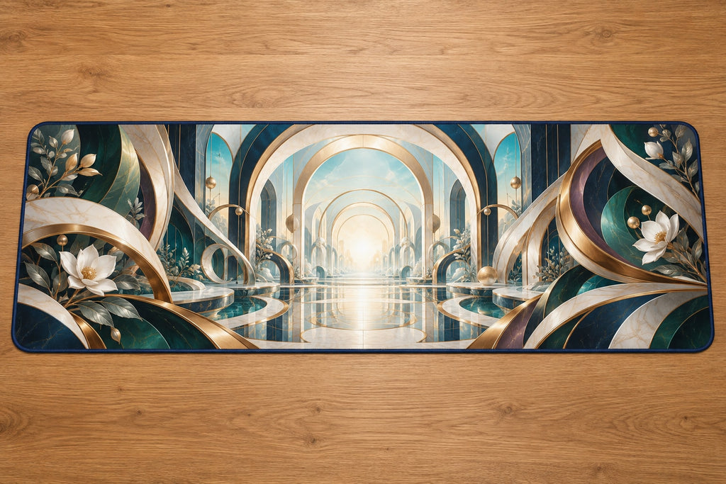 Equilibrium Ledger Atrium Desk Mat with dimensional printed themed artwork; representative AI-generated mockup.