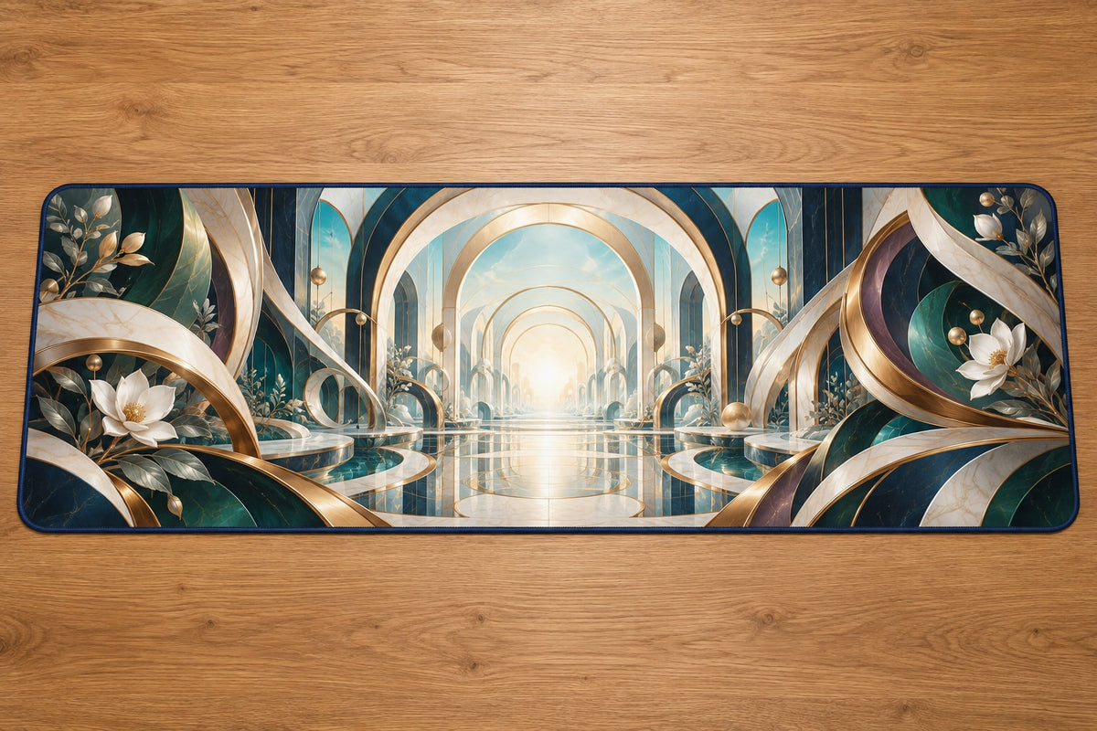 Equilibrium Ledger Atrium Desk Mat with dimensional printed themed artwork; representative AI-generated mockup.