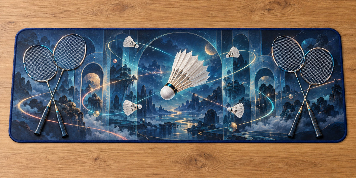Featherflight Club Atlas Desk Mat with dimensional printed themed artwork; representative AI-generated mockup.