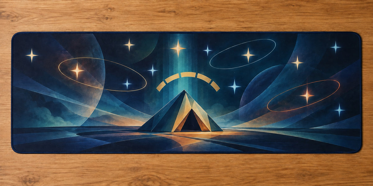 Nightglass Camp Observatory Desk Mat with dimensional printed themed artwork; representative AI-generated mockup.