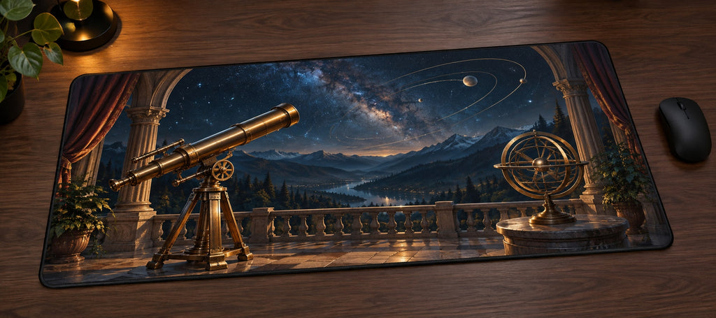 Astronomical Instruments Desk Mat with dimensional printed themed artwork; representative AI-generated mockup.
