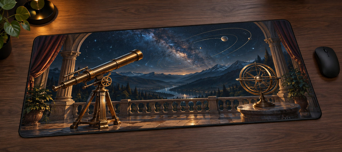 Astronomical Instruments Desk Mat with dimensional printed themed artwork; representative AI-generated mockup.