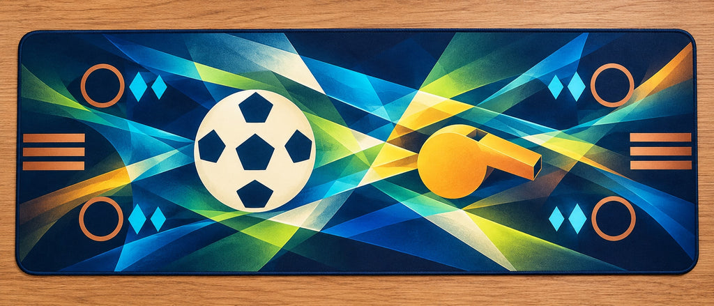 Touchline Signal Prism Desk Mat with dimensional printed themed artwork; representative AI-generated mockup.