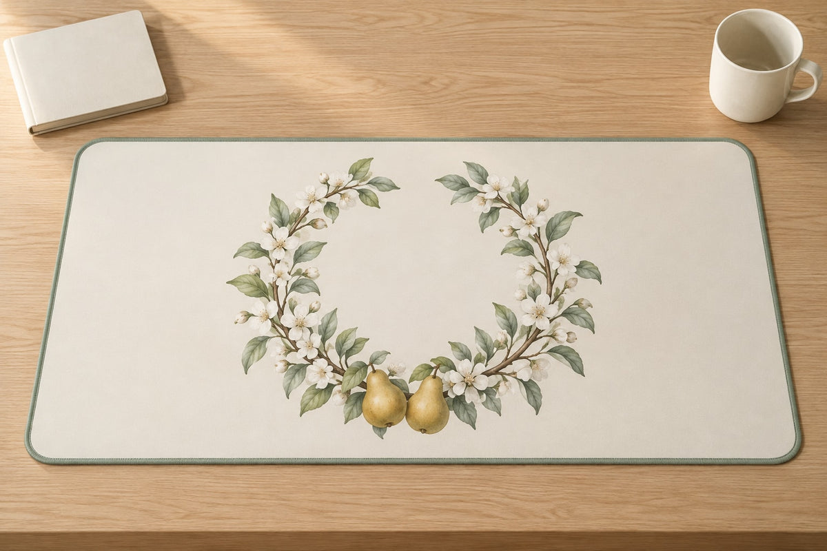 Orchard Wedding Wreath Desk Mat with dimensional printed themed artwork; representative AI-generated mockup.
