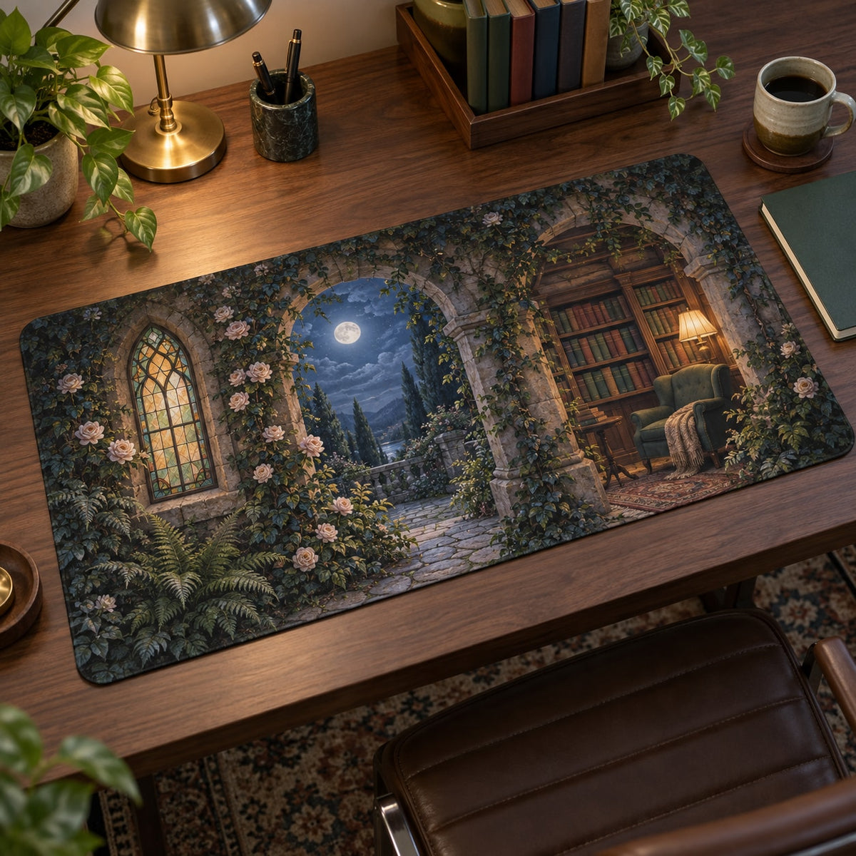 Secret Garden Library Desk Mat with dimensional printed themed artwork; representative AI-generated mockup.