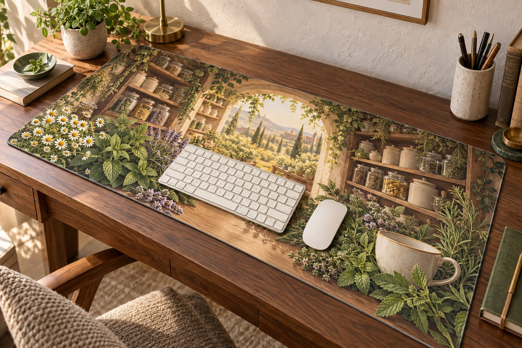 Herbal Tea Shelf Desk Mat with dimensional printed themed artwork; representative AI-generated mockup.