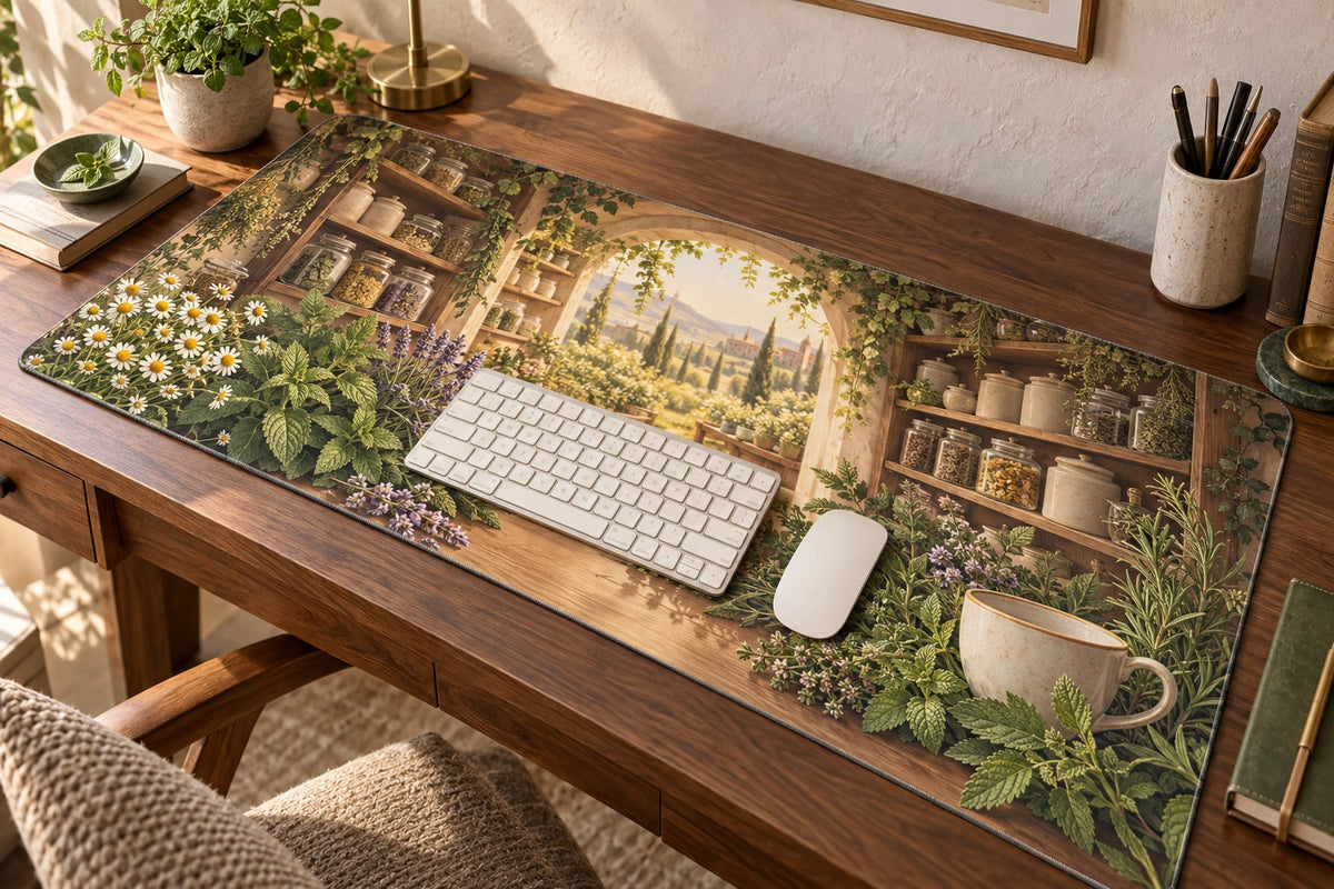 Herbal Tea Shelf Desk Mat with dimensional printed themed artwork; representative AI-generated mockup.