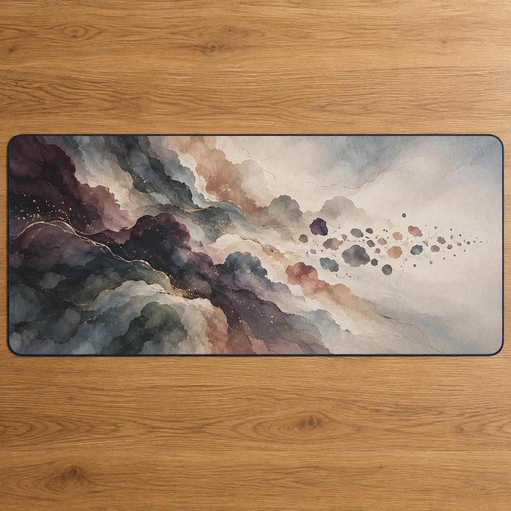 Quiet Margin Aurora Desk Mat with dimensional printed themed artwork; representative AI-generated mockup.
