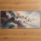 Quiet Margin Aurora Desk Mat with dimensional printed themed artwork; representative AI-generated mockup.