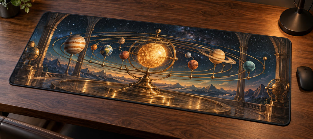 Vintage Solar System Desk Mat with dimensional printed themed artwork; representative AI-generated mockup.