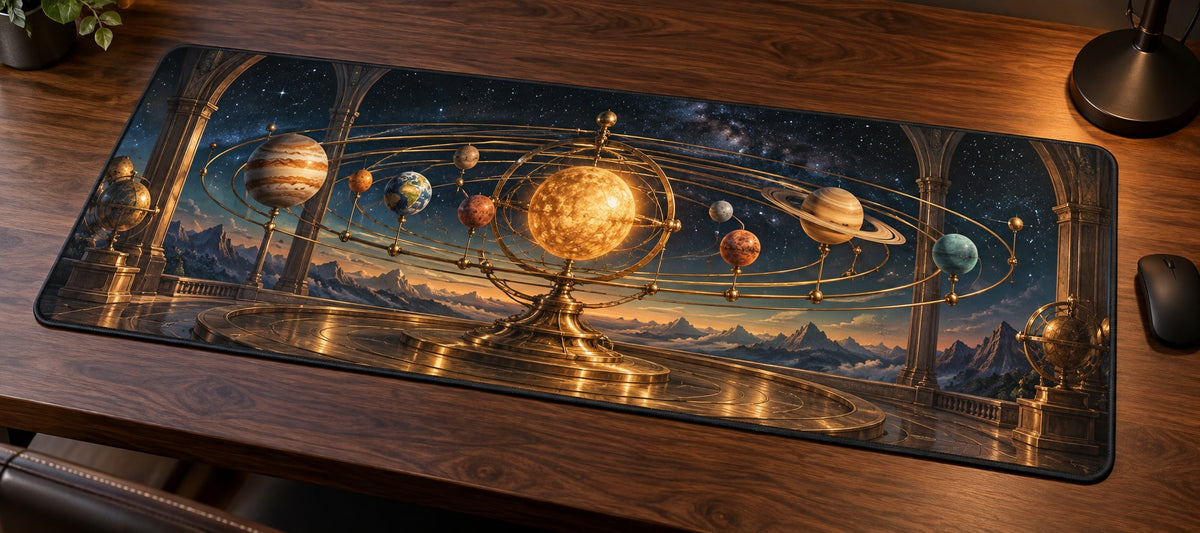 Vintage Solar System Desk Mat with dimensional printed themed artwork; representative AI-generated mockup.