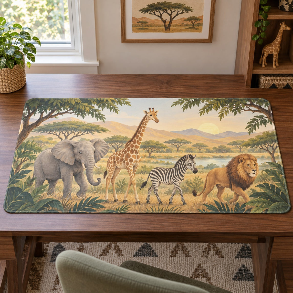 Safari Animal Parade Desk Mat with dimensional printed themed artwork; representative AI-generated mockup.