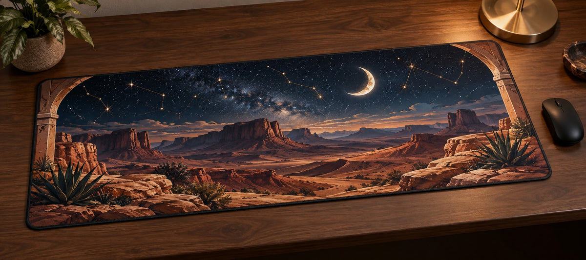 Desert Night Sky Desk Mat with dimensional printed themed artwork; representative AI-generated mockup.