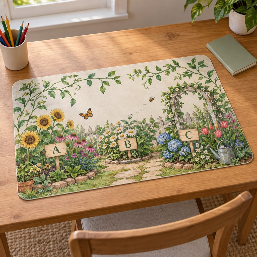 Alphabet Garden Desk Mat with dimensional printed themed artwork; representative AI-generated mockup.