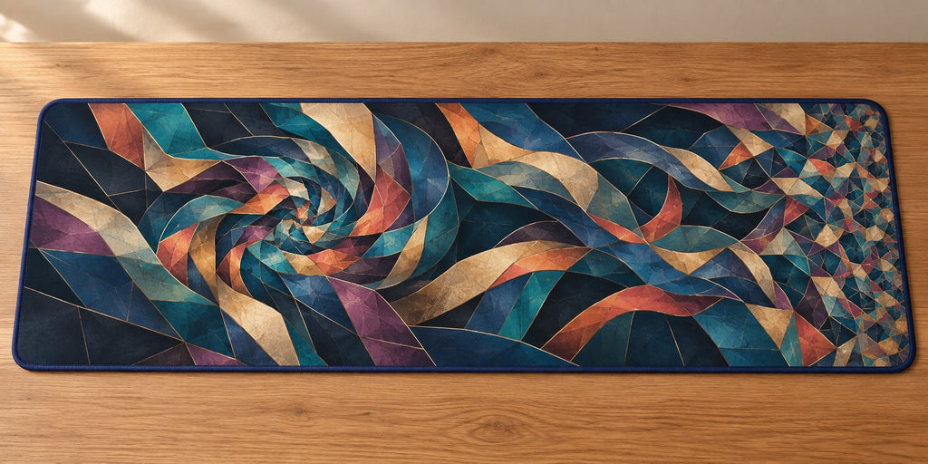 Prismatic Jigsaw Current Desk Mat with dimensional printed themed artwork; representative AI-generated mockup.