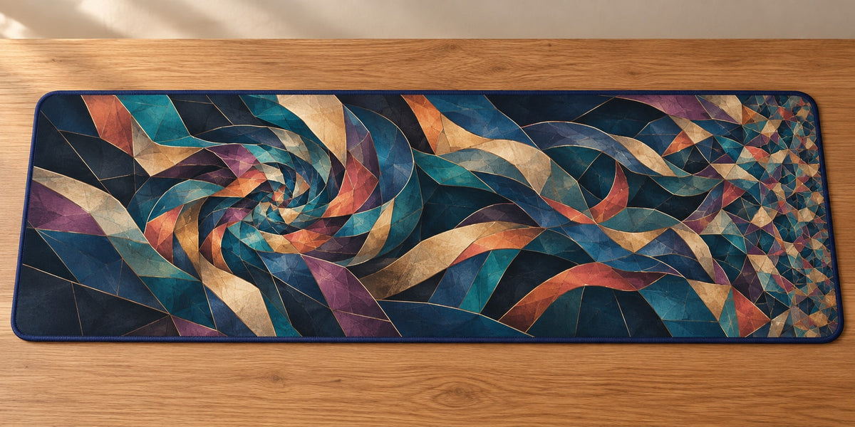 Prismatic Jigsaw Current Desk Mat with dimensional printed themed artwork; representative AI-generated mockup.