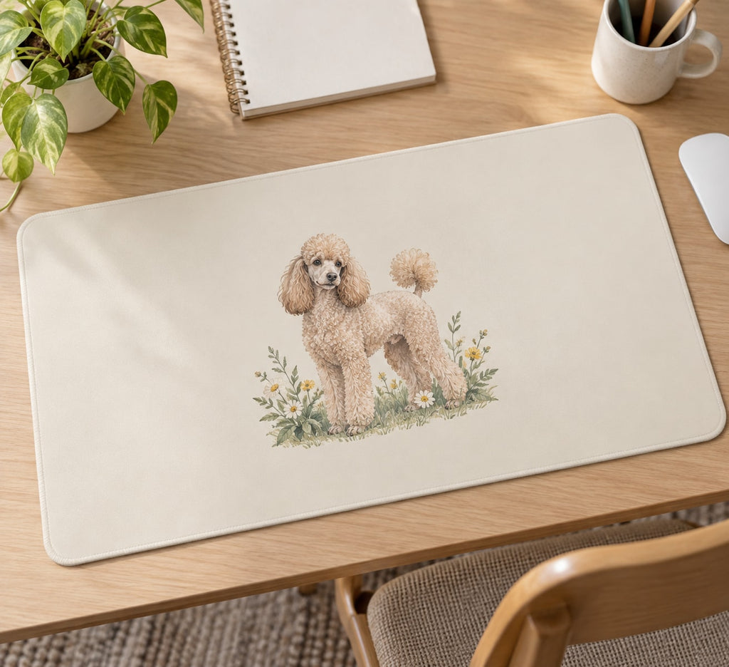 Poodle Desk Mat with dimensional printed themed artwork; representative AI-generated mockup.