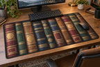 Anonymous Book Spines Desk Mat with dimensional printed themed artwork; representative AI-generated mockup.