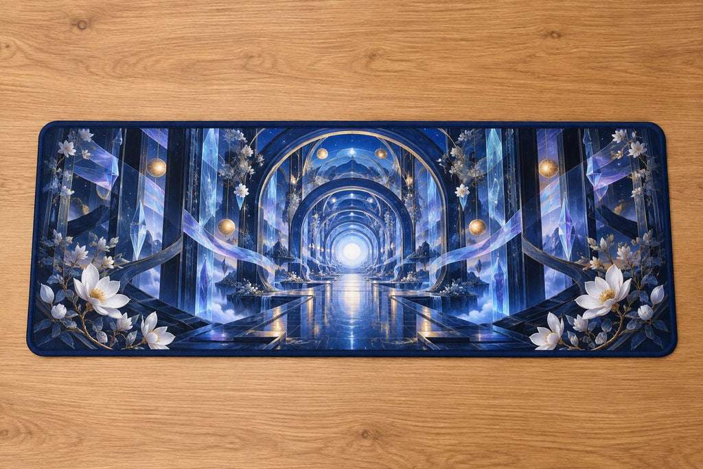 Logic Aurora Nexus Desk Mat with dimensional printed themed artwork; representative AI-generated mockup.