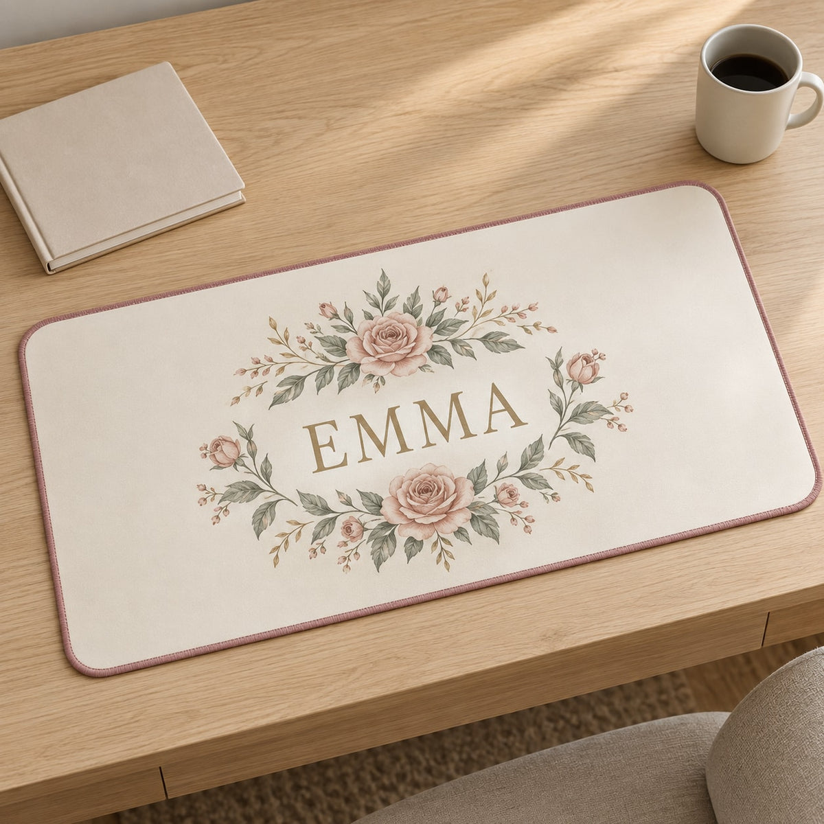 Single Name Birth Flower Desk Mat with dimensional printed themed artwork; representative AI-generated mockup.