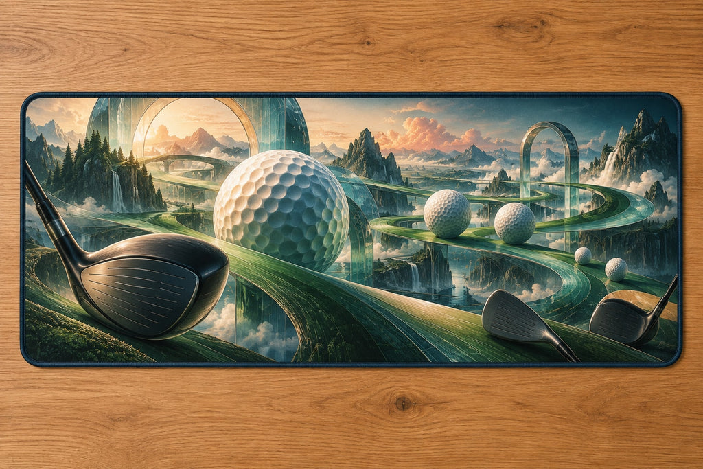 Verdant Pinflight Observatory Desk Mat with dimensional printed themed artwork; representative AI-generated mockup.