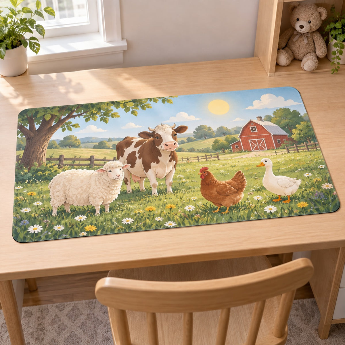 Farm Animal Morning Desk Mat with dimensional printed themed artwork; representative AI-generated mockup.
